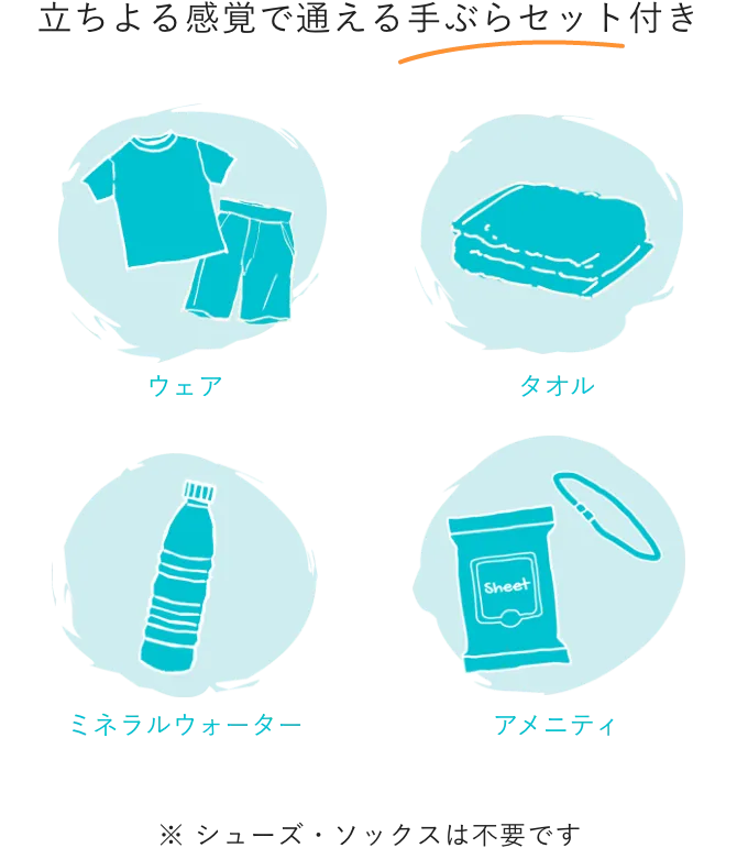 ウェア、タオルの手ぶらで通えるセット付き、無料ミネラルウォーター、豊富なアメニティ